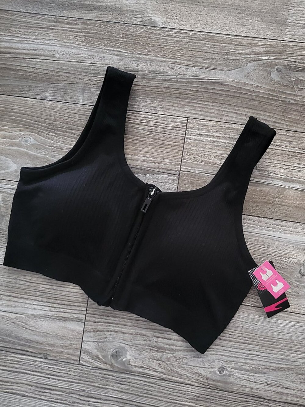 Black Ribbed Front Zip Sports Bra L/G NWT